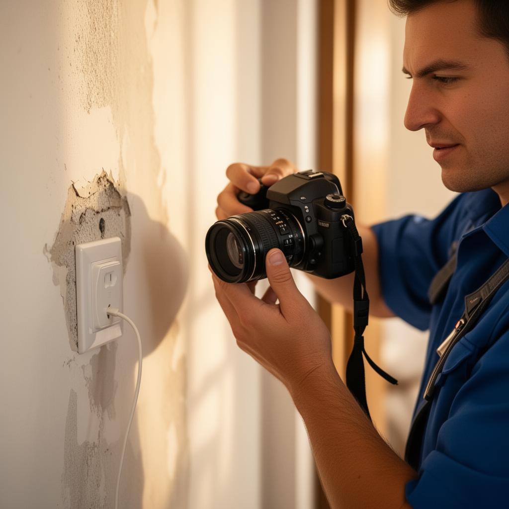 Vistoriador documentando detalhes do imóvel